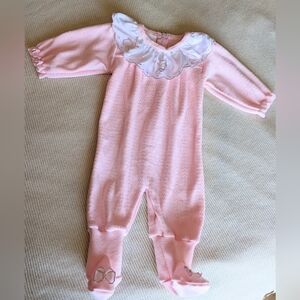 Vintage Eaton Baby Girl Bow Knit One-piece With Collar and Zipper in Pink 3-6 M